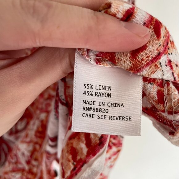 NICOLE MILLER White Red Orange Floral Border Print Button Back Linen Tank Blouse - Picture 8 of 13